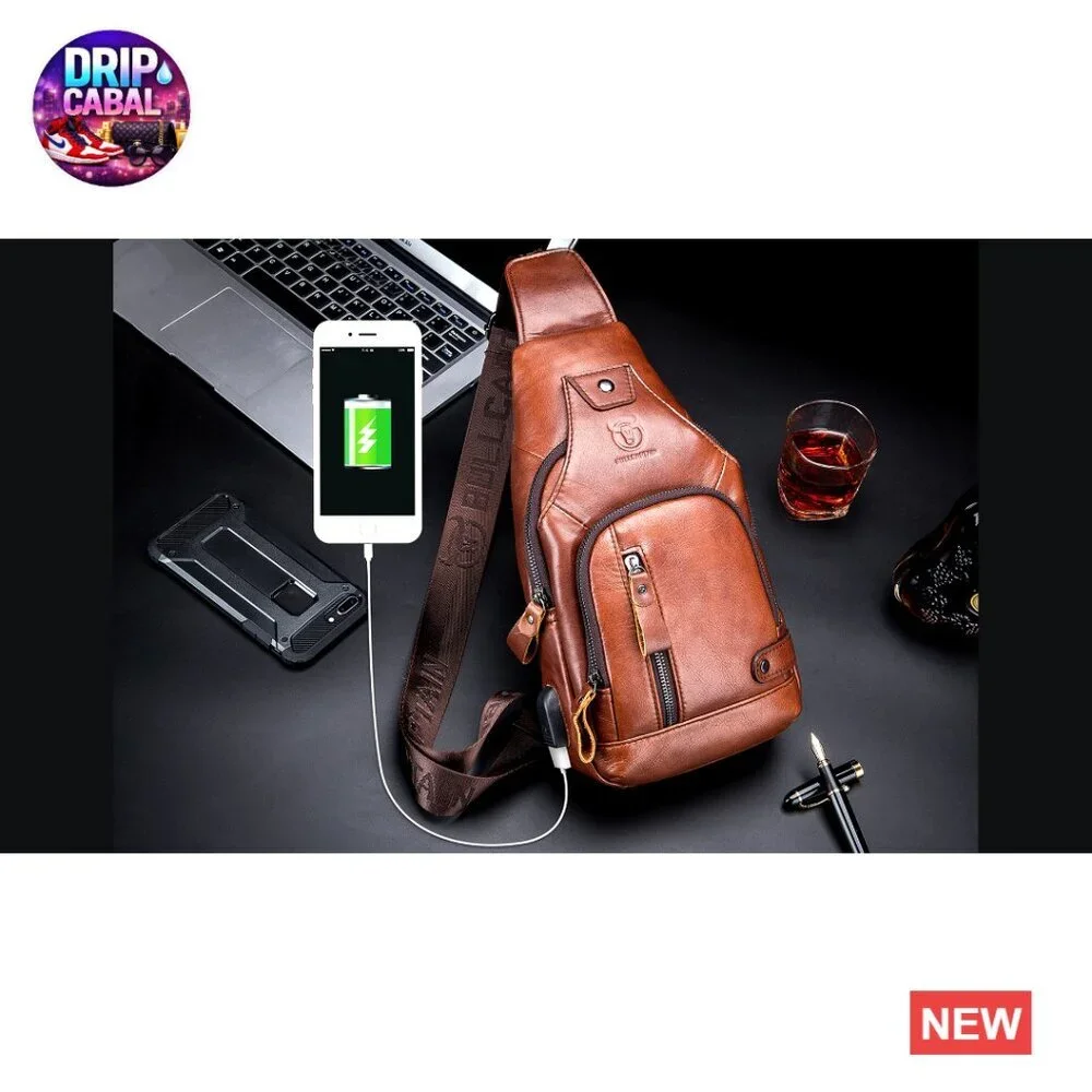 Genuine Leather Sling Bag with USB Port, Adjustable Strap